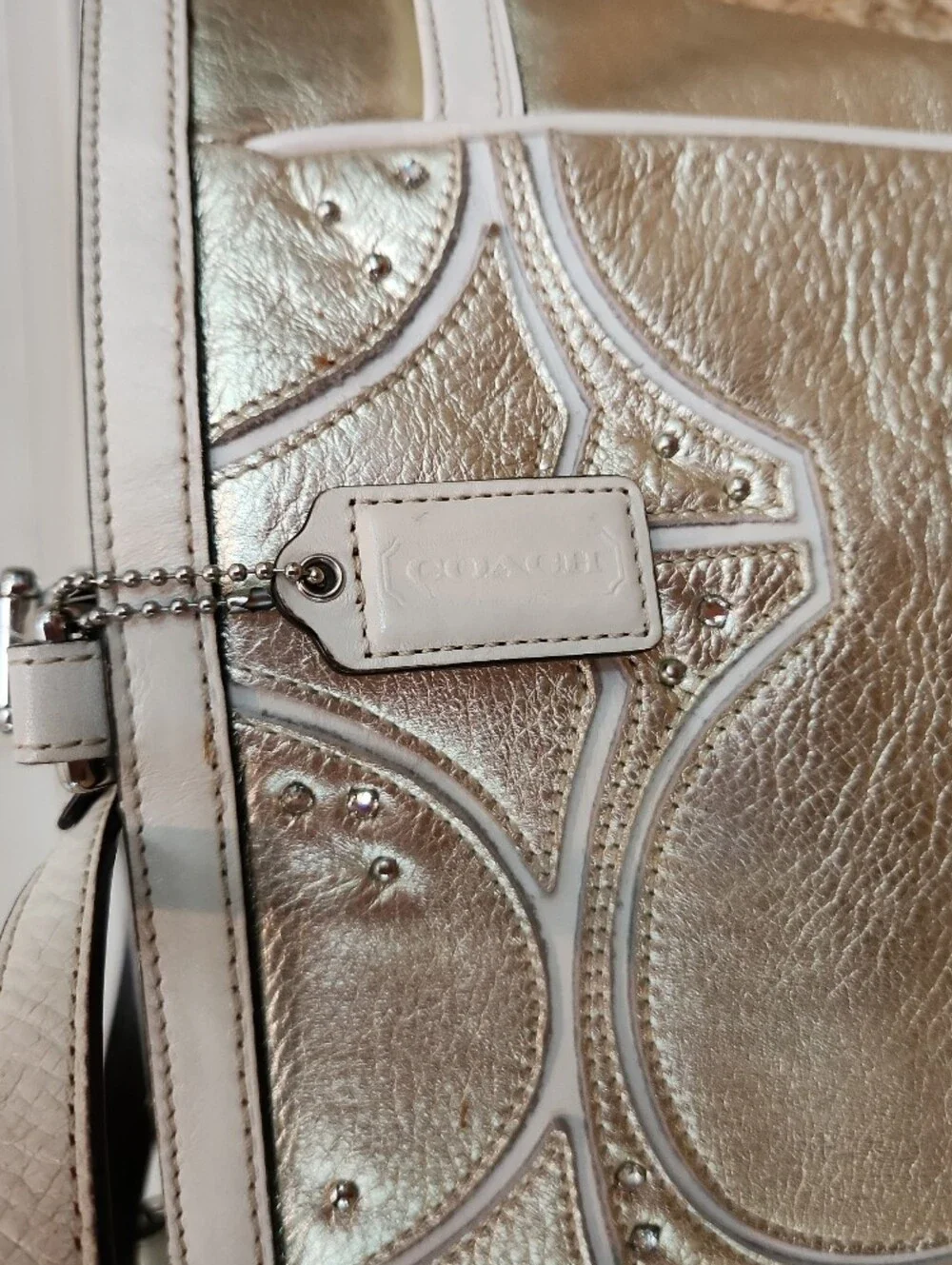 Coach Silver Embossed Tote Bag with Stud Detail